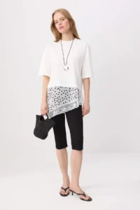 TRENDYOLMİLLA Ecru Plain Oversized/Wide Pattern Polka Dot Lace Detailed Knitting T-Shirt - Image 2