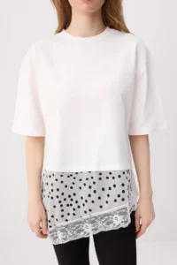 TRENDYOLMİLLA Ecru Plain Oversized/Wide Pattern Polka Dot Lace Detailed Knitting T-Shirt - Image 3