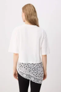 TRENDYOLMİLLA Ecru Plain Oversized/Wide Pattern Polka Dot Lace Detailed Knitting T-Shirt - Image 4