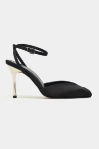 Nisantasi Shoes Vela Black Satin Ankle Tied Toe Light Detailed Women Heels Shoes
