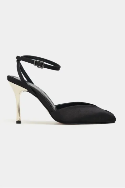 Nisantasi Shoes Vela Black Satin Ankle Tied Toe Light Detailed Women Heels Shoes