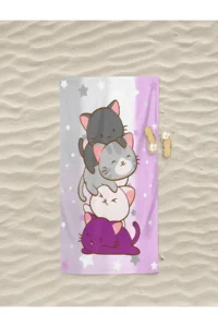Erays Home Cute Cat Patterned Digital Printed Beach Bath Towel Girl's Beach Towel Beach Towel
