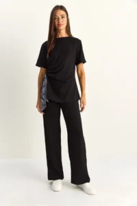 Bianco Lucci Women's Scarf Tie Detailed T-Shirt High Waist Trousers Bottom-Top Set 7630 - Image 2