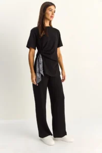 Bianco Lucci Women's Scarf Tie Detailed T-Shirt High Waist Trousers Bottom-Top Set 7630 - Image 3