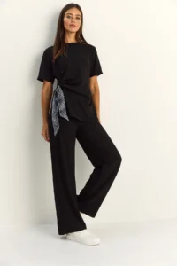 Bianco Lucci Women's Scarf Tie Detailed T-Shirt High Waist Trousers Bottom-Top Set 7630 - Image 5