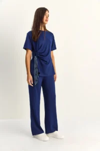 Bianco Lucci Women's Scarf Tie Detailed T-Shirt High Waist Trousers Bottom-Top Set 7630 - Image 3