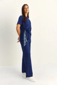 Bianco Lucci Women's Scarf Tie Detailed T-Shirt High Waist Trousers Bottom-Top Set 7630 - Image 4
