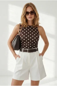 Olalook Women's Polka Dot Brown Halter Collar Buttoned Bodysuit with Six Snaps - Image 2