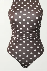 Olalook Women's Polka Dot Brown Halter Collar Buttoned Bodysuit with Six Snaps - Image 5