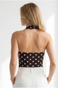 Olalook Women's Polka Dot Brown Halter Collar Buttoned Bodysuit with Six Snaps - Image 6