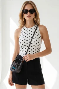 Olalook Women's Polka Dot White Halter Collar Buttoned Bodysuit with Six Snaps