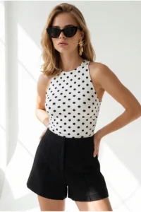Olalook Women's Polka Dot White Halter Collar Buttoned Bodysuit with Six Snaps - Image 3