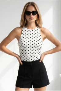 Olalook Women's Polka Dot White Halter Collar Buttoned Bodysuit with Six Snaps - Image 4
