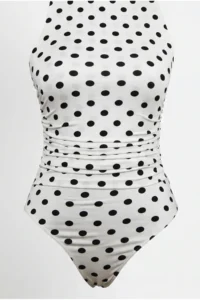 Olalook Women's Polka Dot White Halter Collar Buttoned Bodysuit with Six Snaps - Image 5