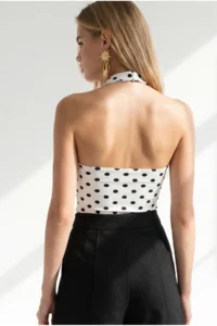 Olalook Women's Polka Dot White Halter Collar Buttoned Bodysuit with Six Snaps - Image 6