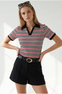 Olalook Women's Striped Black Red Polo Neck Color Detailed Flexible Cotton Blouse