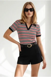 Olalook Women's Striped Black Red Polo Neck Color Detailed Flexible Cotton Blouse - Image 2