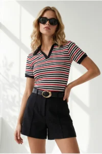 Olalook Women's Striped Black Red Polo Neck Color Detailed Flexible Cotton Blouse - Image 3