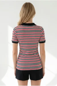 Olalook Women's Striped Black Red Polo Neck Color Detailed Flexible Cotton Blouse - Image 4