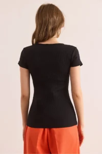 Olalook Women's Black V Metal Detailed Stretchy Cotton Blouse - Image 2
