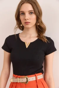 Olalook Women's Black V Metal Detailed Stretchy Cotton Blouse - Image 4