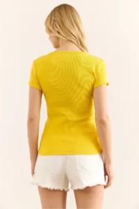 Olalook Women's Yellow V Metal Detailed Flexible Cotton Blouse - Image 2