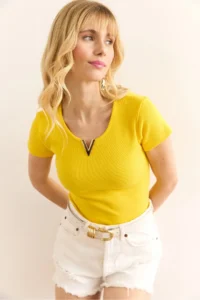 Olalook Women's Yellow V Metal Detailed Flexible Cotton Blouse - Image 3