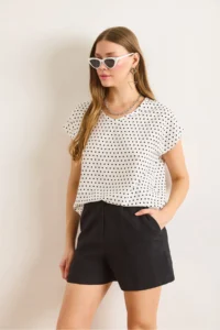 Olalook Women's Polka Dot White V-Neck Woven Viscose Blouse - Image 3