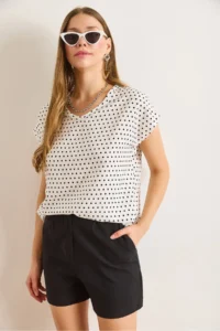 Olalook Women's Polka Dot White V-Neck Woven Viscose Blouse - Image 4