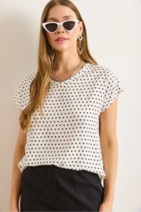 Olalook Women's Polka Dot White V-Neck Woven Viscose Blouse - Image 6