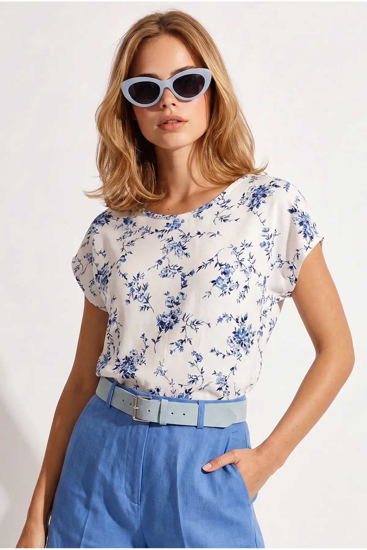 BLZ-19003048-WHITE-BLUE_1 Olalook Women's White Blue V-Neck Woven Viscose Blouse - Image 1