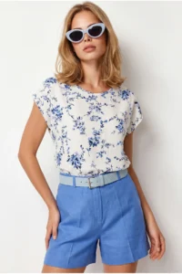 Olalook Women's White Blue V-Neck Woven Viscose Blouse - Image 2