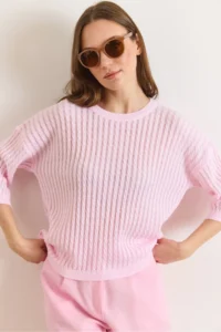 Olalook Women's Candy Pink Hair Knit Openwork Loose Fit Seasonal Knitwear Blouse