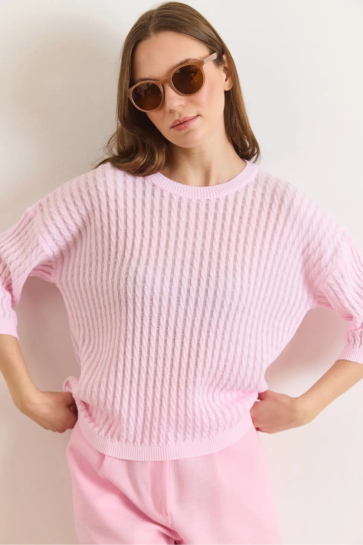 BLZ-19003225-CANDY-PINK_1 Olalook Women's Candy Pink Hair Knit Openwork Loose Fit Seasonal Knitwear Blouse - Image 1