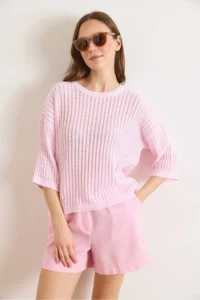Olalook Women's Candy Pink Hair Knit Openwork Loose Fit Seasonal Knitwear Blouse - Image 2