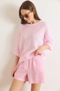 Olalook Women's Candy Pink Hair Knit Openwork Loose Fit Seasonal Knitwear Blouse - Image 3