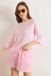 Olalook Women's Candy Pink Hair Knit Openwork Loose Fit Seasonal Knitwear Blouse - Image 4
