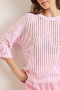 Olalook Women's Candy Pink Hair Knit Openwork Loose Fit Seasonal Knitwear Blouse - Image 5