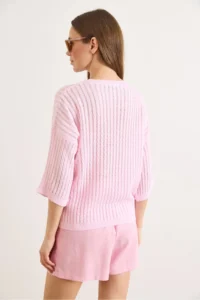 Olalook Women's Candy Pink Hair Knit Openwork Loose Fit Seasonal Knitwear Blouse - Image 6