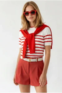 Olalook Women's Red Scarf Detailed Striped Short Sleeve Knitwear Blouse - Image 2
