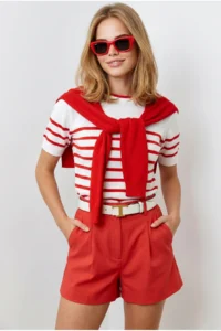 Olalook Women's Red Scarf Detailed Striped Short Sleeve Knitwear Blouse - Image 4
