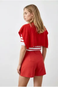 Olalook Women's Red Scarf Detailed Striped Short Sleeve Knitwear Blouse - Image 5