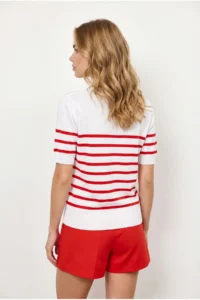 Olalook Women's Red Scarf Detailed Striped Short Sleeve Knitwear Blouse - Image 6