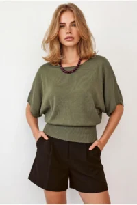 Olalook Women's Khaki Waist Bodice Gimped Bat Model Viscose Knitwear Blouse