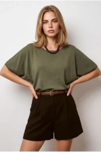 Olalook Women's Khaki Waist Bodice Gimped Bat Model Viscose Knitwear Blouse - Image 2