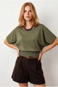 Olalook Women's Khaki Waist Bodice Gimped Bat Model Viscose Knitwear Blouse - Image 3