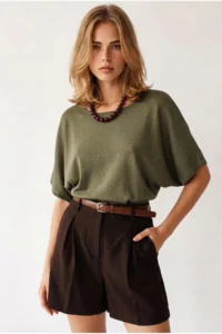 Olalook Women's Khaki Waist Bodice Gimped Bat Model Viscose Knitwear Blouse - Image 4