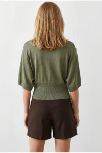 Olalook Women's Khaki Waist Bodice Gimped Bat Model Viscose Knitwear Blouse - Image 5