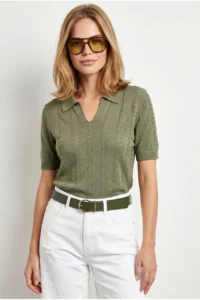 Olalook Women's Khaki Viscose Polo Neck Openwork Flowy Knitwear Blouse - Image 2