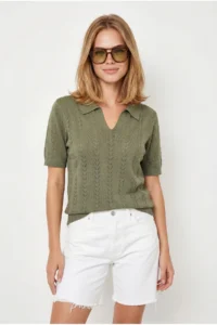 Olalook Women's Khaki Viscose Polo Neck Openwork Flowy Knitwear Blouse - Image 3